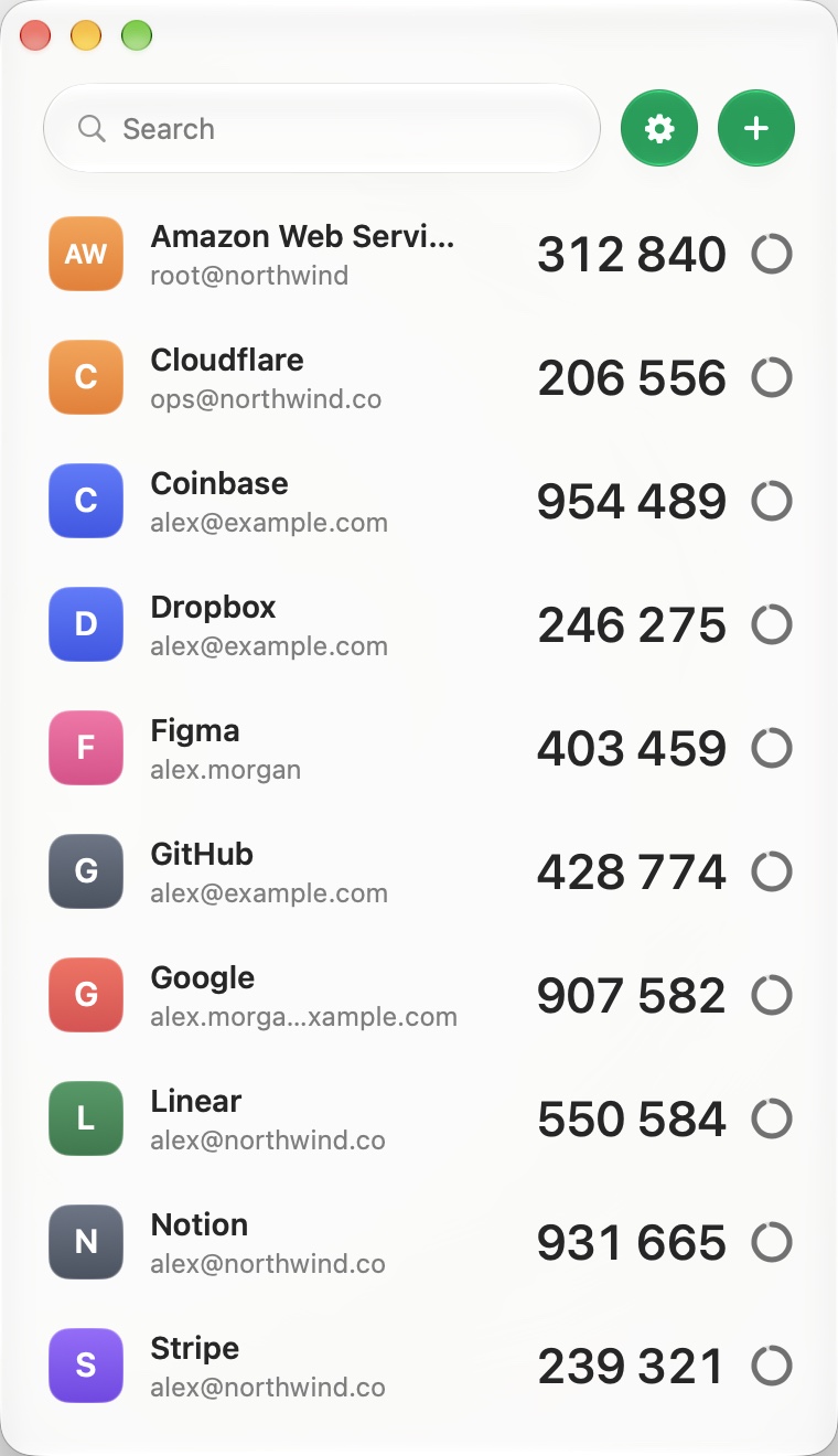 The account list with GitHub, Google, Stripe and other accounts and their current codes